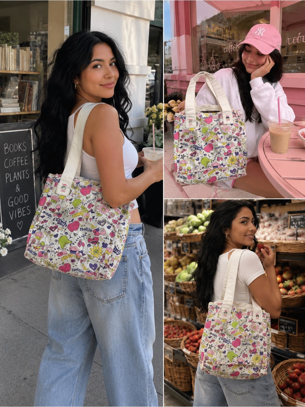 Cute Kawaii Colorful Canvas Tote Bag | Hearts, Strawberries & Fun Print - Picture 1 of 6
